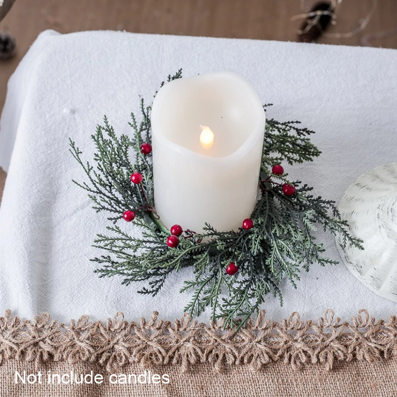 20cm Wedding Table Red Fruits Candle Ring Artificial Leaves Wreath Candle Wreaths Artificial Pine Branches Christmas Home Decor