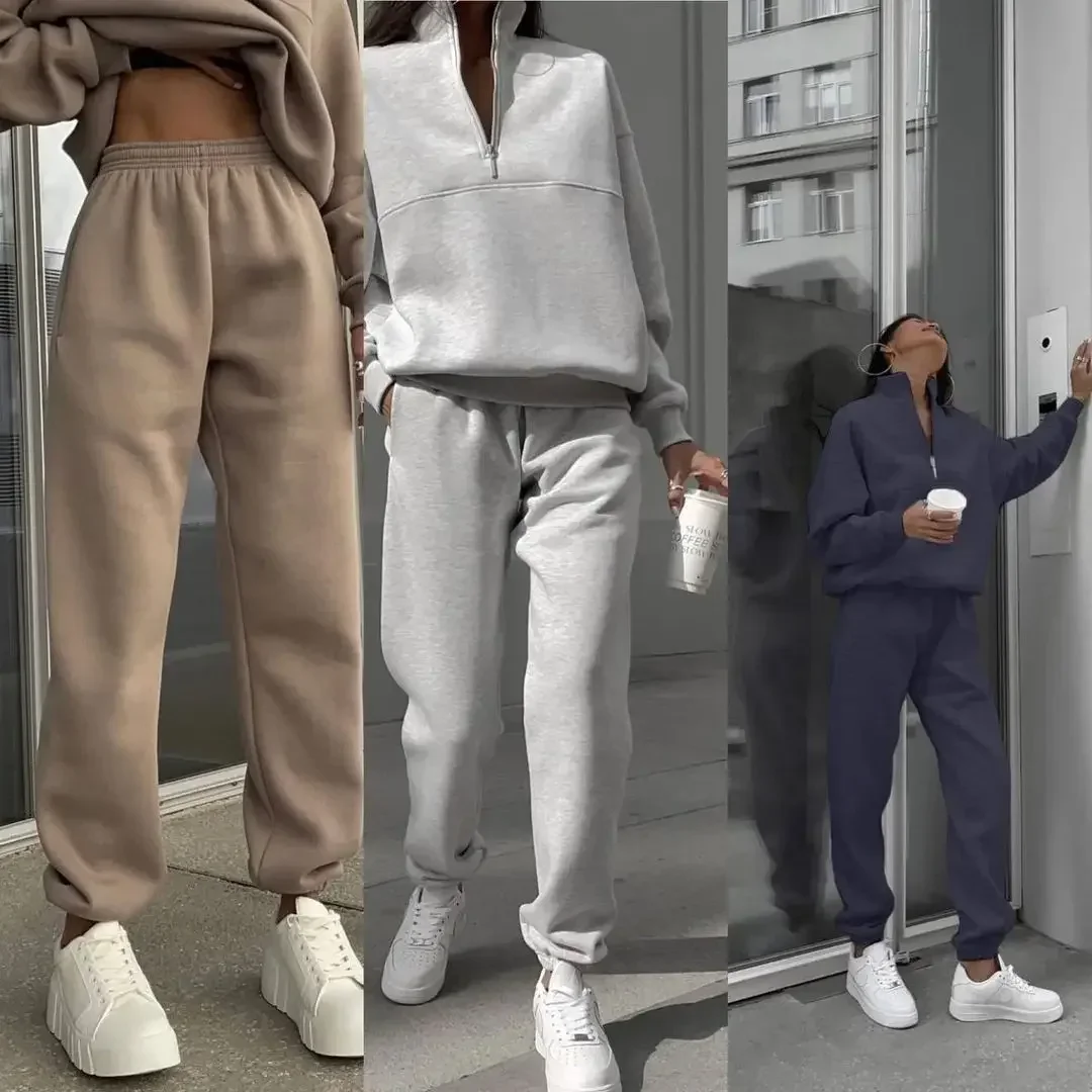 캐쥬얼 긴팔 스웻셔츠 및 바지 플리스 투피스 세트, 레이디 세트 2023 여성용 운동복, 가을 따뜻한 후드티