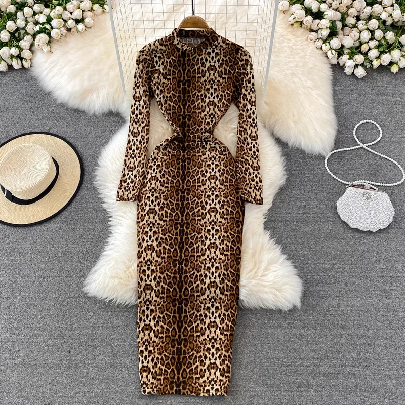 

European and American Sexy Leopard Print Stand Collar Dress Women's Slim Fit Long Sleeve Tight Stretch Hip Cover Long Skirt