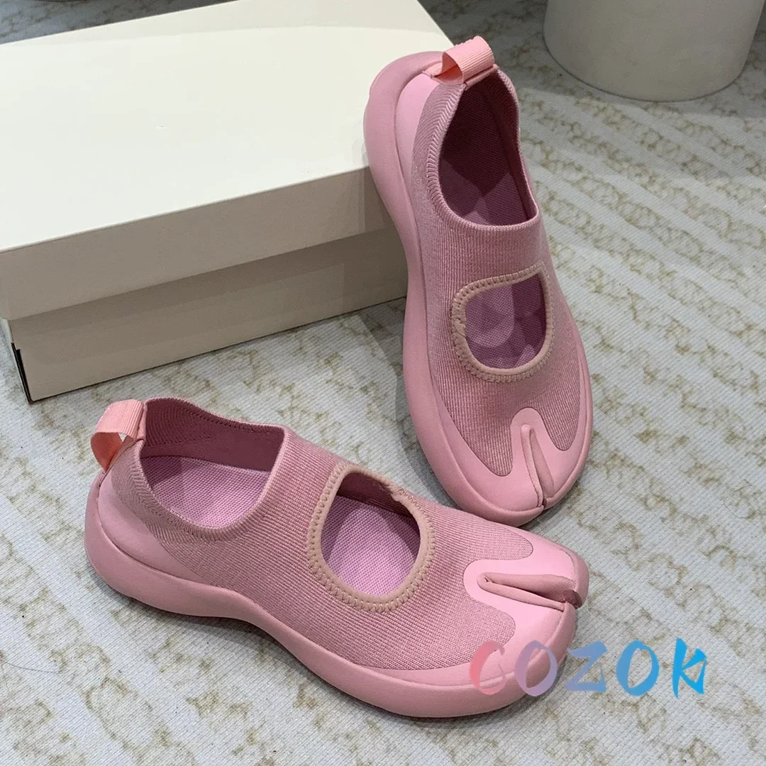 Fashion Pink Knitted Mesh Split Toe Flat Casual Shoes Summer Women Front Tripper Mary Jane Sweet Girl Outdoor Sneakers 2