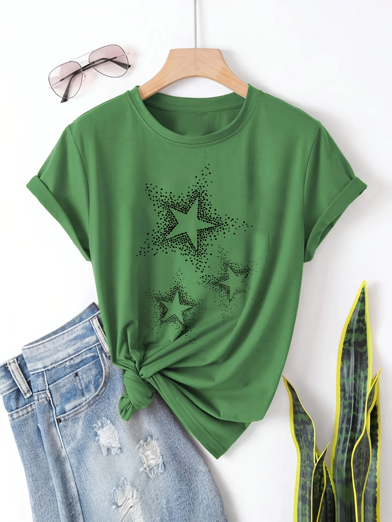 Women's Casual Short Sleeve T-Shirt - Black with White Star Print Round Neck Top for Spring & Summer Machine Washable 6