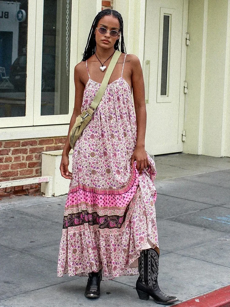 

Flower Print Bohemian Maxi Boho Summer Dress Women Casual Vintage Spaghetti Strap Loose Floral Long Sundress Beach Vestidos