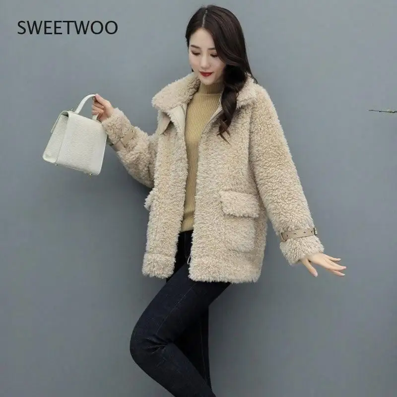 Women 2021 Winter New Fashion Double-Faced Fur Sheep Shearing Jackets Female faux Lamb Coat Mid-Long Loose Overcoat Contracted