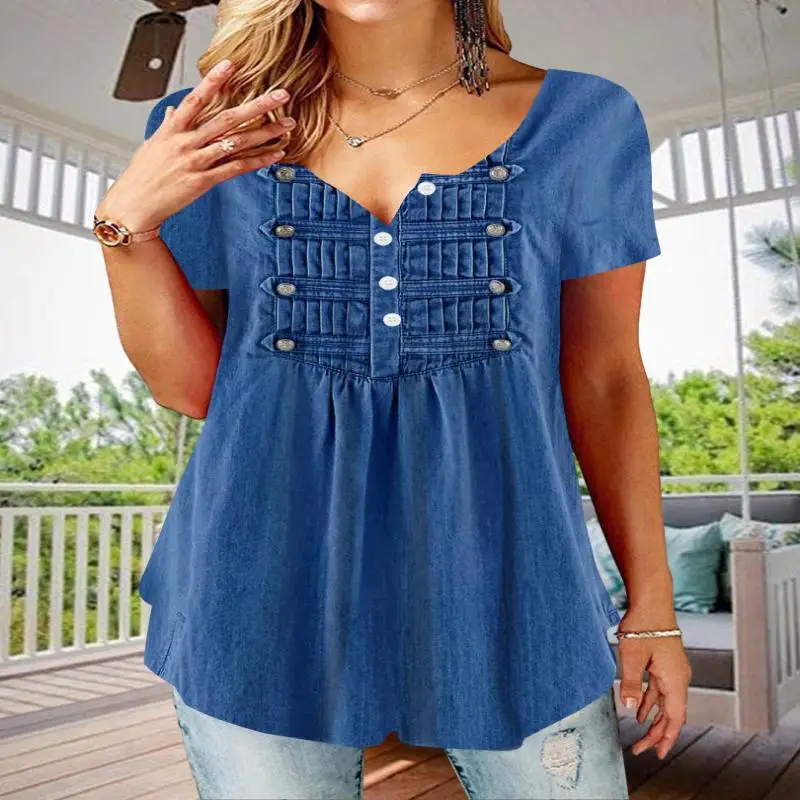 

Plus Size Women's Short Sleeve V-neck Blue Button Top