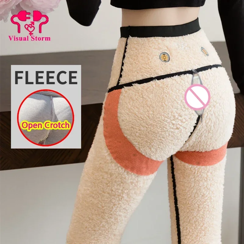 

Woman Open Crotch Pants Winter Add Velvet Fleece Leggings Invisible Thermal Outdoor Sexy Panties Adult Couple Toy Hidden Zipper