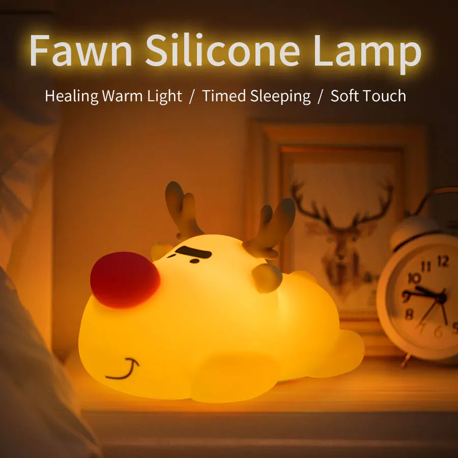 순록 실리콘 LED 야간 조명, USB 충전, 수면 램프, 타이밍 룸 장식, 크리..