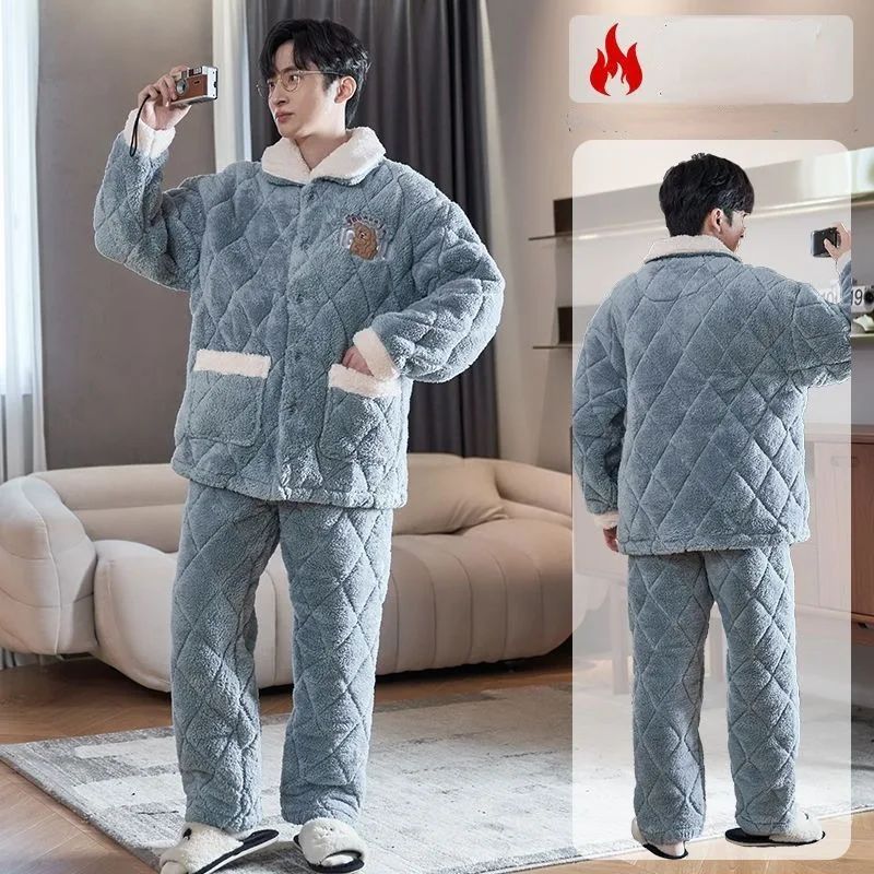 Men New Pajamas Autumn Winter 3-layer Cotton Sleepwear Youth Coral Velvet Thicken Plush Loungewear Flannel Warm Home Clothes Set