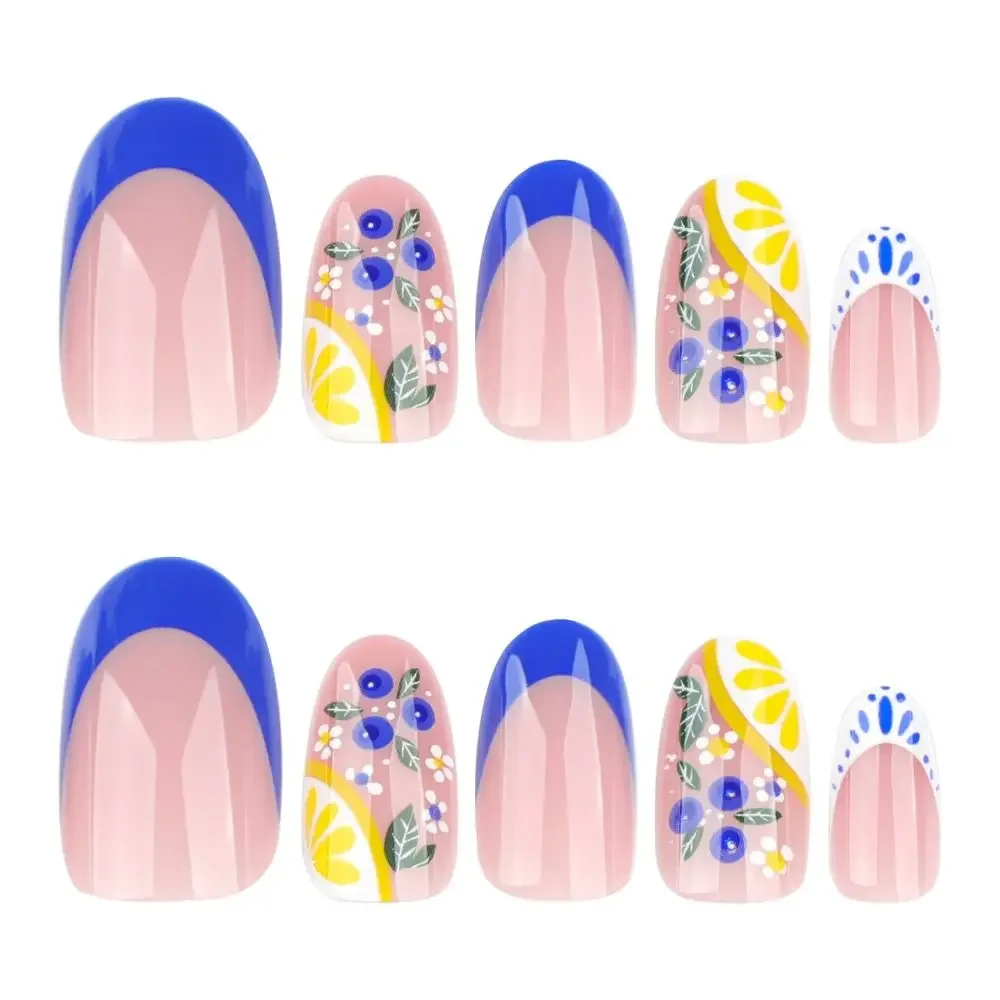 Manicure Oval False Nails French Fruit Lemon Press on Nails Blue Detachable Nail Tips Women