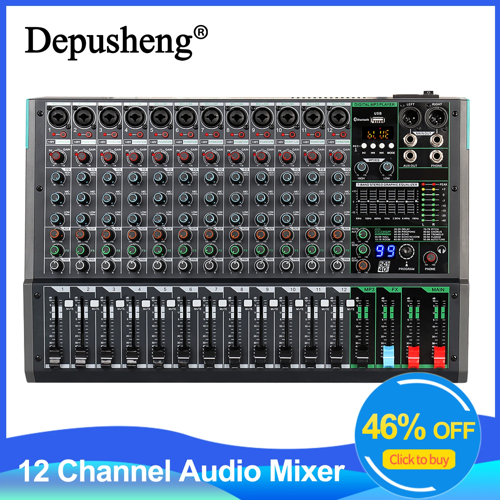 Professional Console 12-Channel Audio Mixer with 99 Effects for Live Stage Concerts