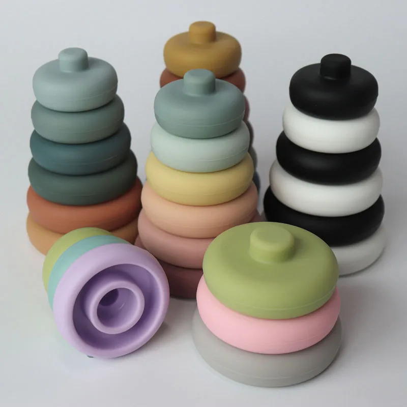 7pcs/set Baby Toy Building Blocks Silicone Stacking Blocks Round Shape Silicone Construction Toy Rubber Teethers Montessori
