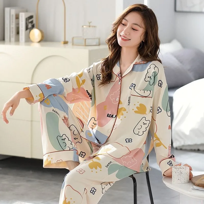 2024 New Women Pajamas Spring Female Pure Cotton Long-Sleeved Cardigan Cartoon Cute Sleepwear Sets Casual Loose Homewear Suit