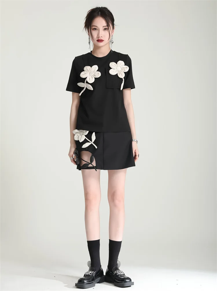 

2024 Summer Short Sleeve O Neck Appliques Black Loose T Shirt Mini Skirt Two Piece Set Women Outfits GF866