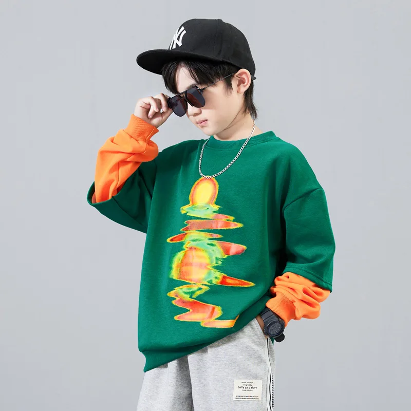 

New Spring Kids Clothes Boys 9 To 14 Years Casual Children O-neck Pullover Sweatshirts Green/black Print Tops 2024 Baby Clothing
