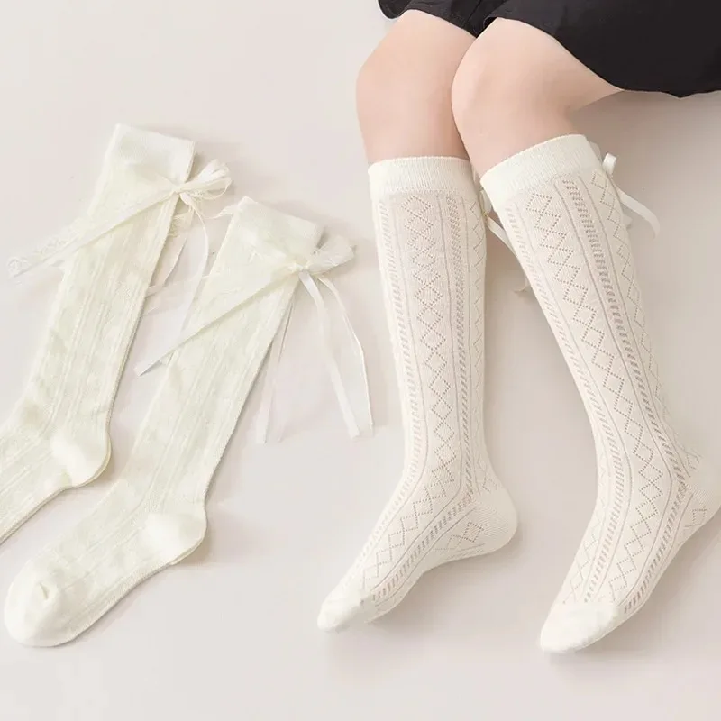 White Hollow Girls Lace Bows High Long Socks Mesh Over Knee Thin Socks for Kids Kawaii Lolita Princess Socks School Stockings