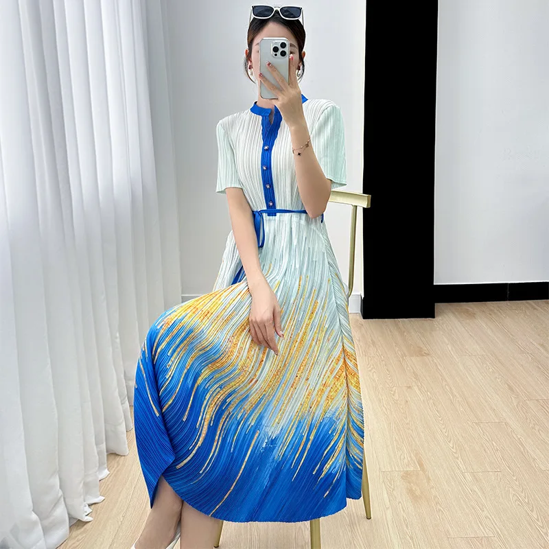 

Женское плиссированное платье миаке, удобное элегантное тонкое ТРАПЕЦИЕВИДНОЕ ПЛАТЬЕ средней длины с винтажным принтом, Новинка лета 2023