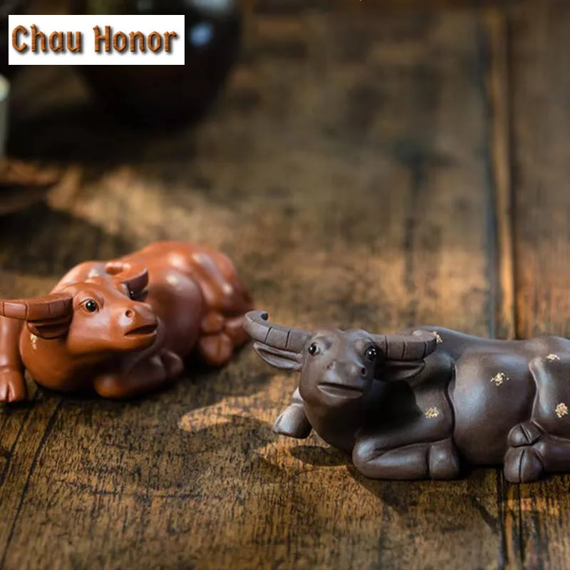 Yixing Purple Clay Tea pet Lucky Buffalo Statue Tea Figurine Ornaments Handmade Sculpture Crafts Home Tea Set Decoration Art
