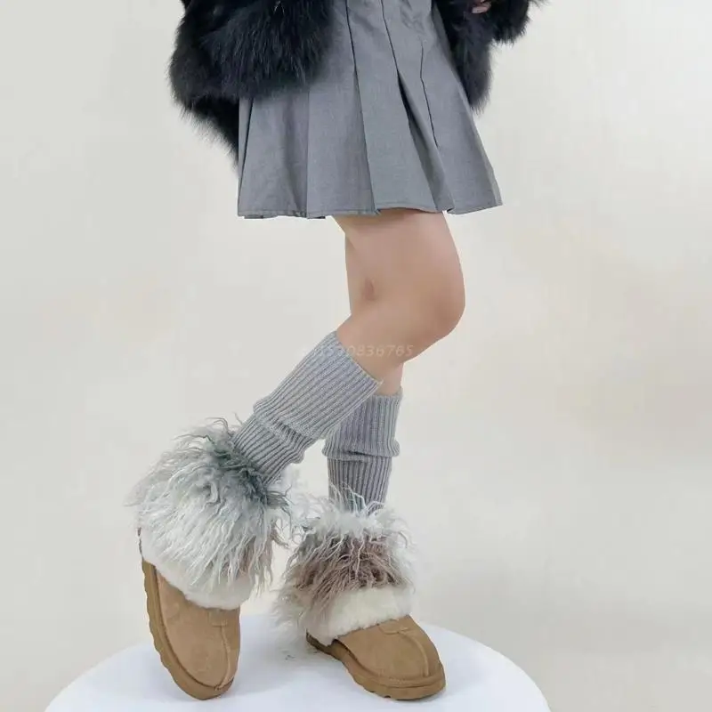 

Winter Autumn Ribbed Knit Leg Warmer Socks for Women Harajuku Vintage Colorful Furry Faux Fur Hem Foot Cover Streetwear