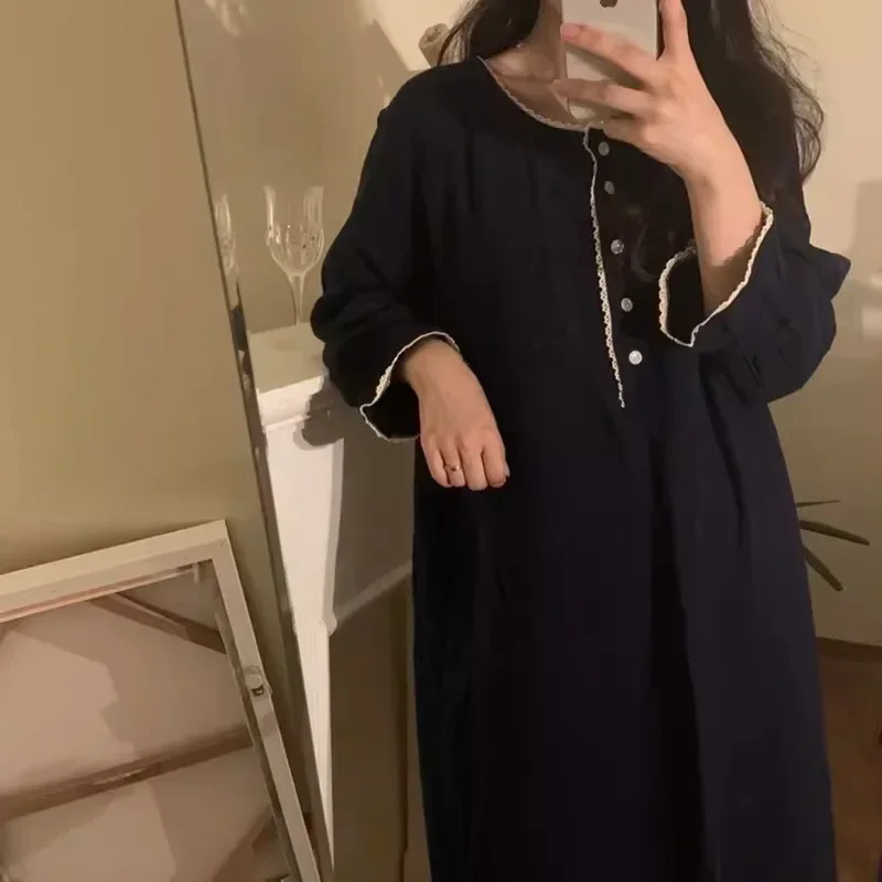 용수철 여성용 롱 루즈핏 잠옷 원피스, 심플한 블랙 퓨어 잠옷, 캐주얼 홈웨어, 가을 신상