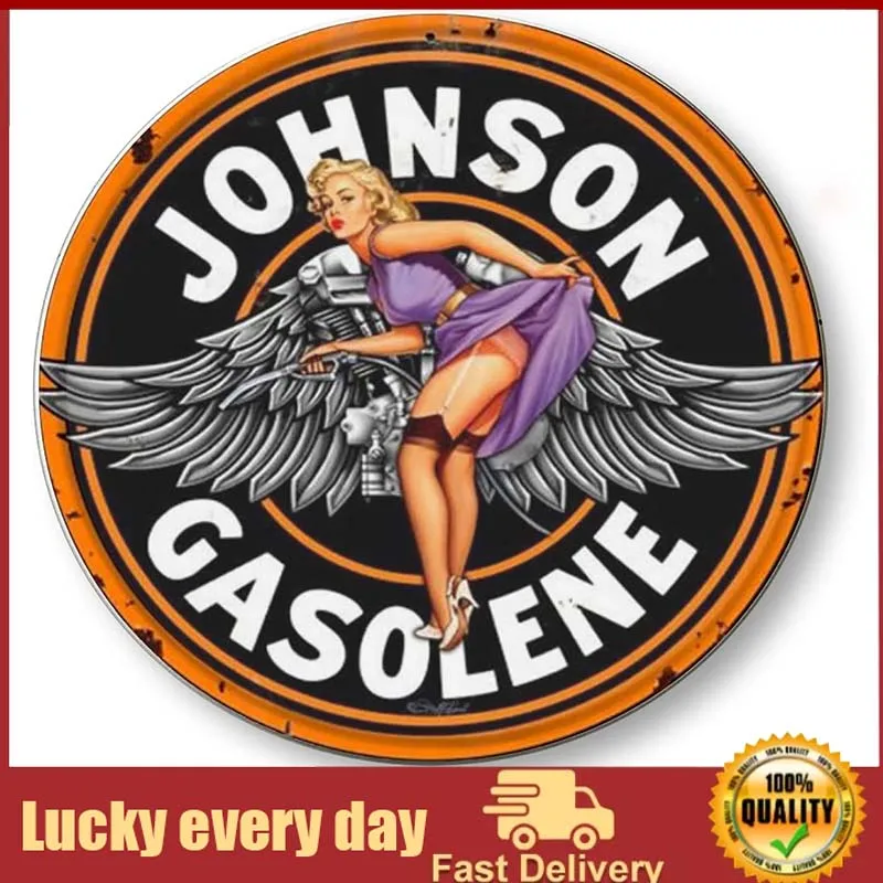 Baby Kleidung Weant Johnson Benzina Pinup Girl Round Metal Tin Signs, Vintage Wall Decor Retro Art Tin Sign Decorazioni Divertenti