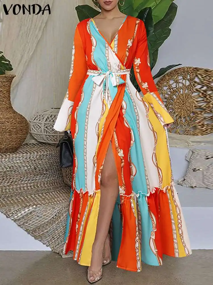 

Women Elegant Party Dress 2023 VONDA Fashion Bohemian Autumn Maxi Long Dress Sexy Printed V Neck Sundress Femme Vestidos Baggy
