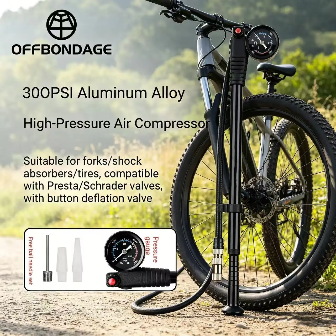 OFFBONDAGE 휴대용 자전거 펌프 300PSI 자전거 공기 펌프 휴대용 타이어 팽창기 게이지가 있는 MTB 로드 자전거 펌프 슈레이더 프레스타 밸브