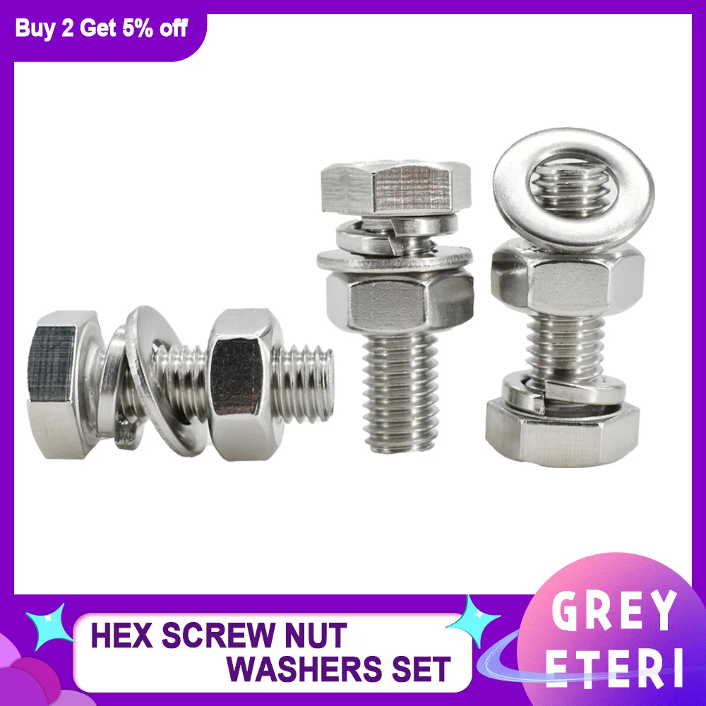 Porca Sextavada de Conjunto de Arruela Parafuso Externo Kit de Gaxeta Metalurgia m3 m4 m5 m6 m8 M10 M12 M16 M20 304 Aço Inoxidável