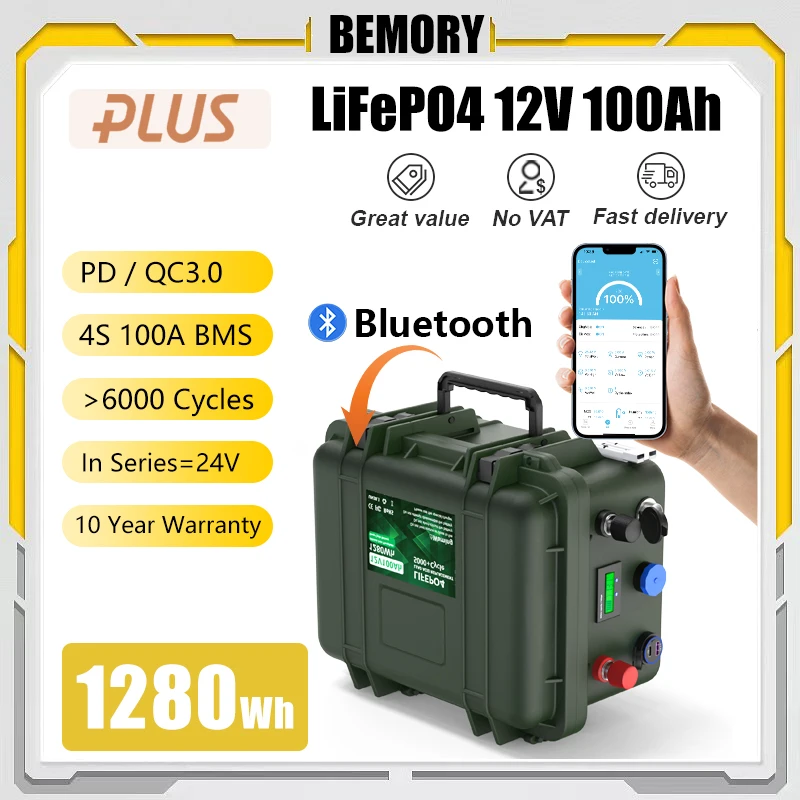 Batteria 12V 100Ah Lifepo4 Bluetooth Bms 12.8V 120Ah 6000 + Cicli Grado A Cell Pd Usb Qc3.0 Impermeabile Ip65 Per Barche Da Pesca Rv