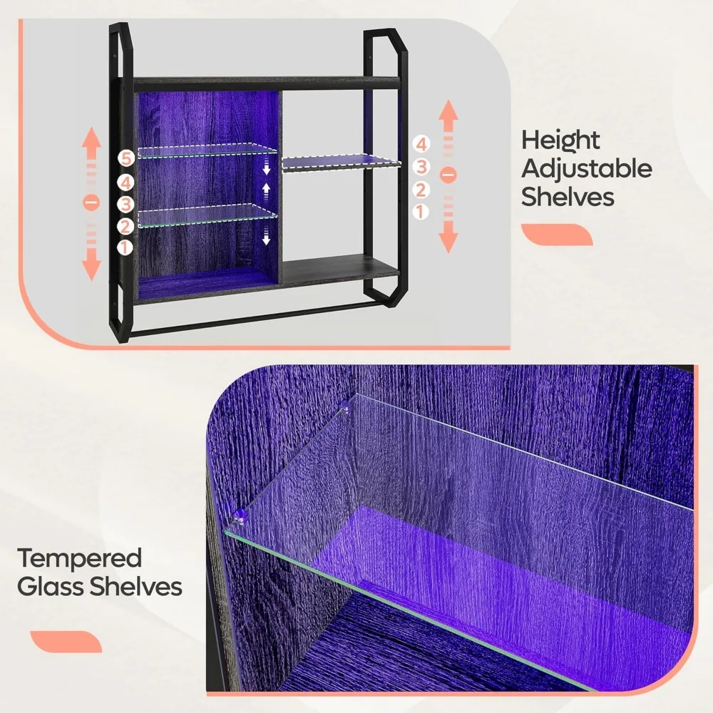 Gaming Floating Shelves, 34" LED Wall Mounted Shelf with Adjustable Glass Shelf, Pipe Shelves Hanging Display Rack Bookshelf wi