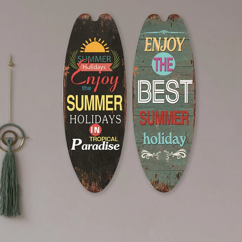 String Festival Bar Home Decor 2Pcs Vintage Wooden Sign Surfboard Wooden Sign Beach Style Hanging