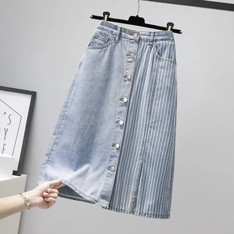 Fashion Casual Stripe Splicing Denim Skirts Women Split Mid Calf Length Skirts Vintage Plus Size High Waist Jeans Skirts Faldas fashion winter women s warm mid length jacket new plush lined denim jacket casual button jacket thick denim jacket jacket