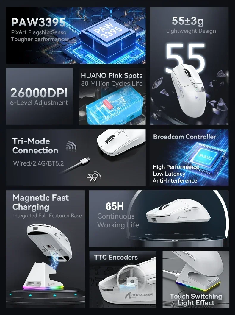 Attack Shark X6 Bluetooth Mouse Tri-Mode Connection RGB Touch Magnetic Charging Base Macro Gaming Mouse