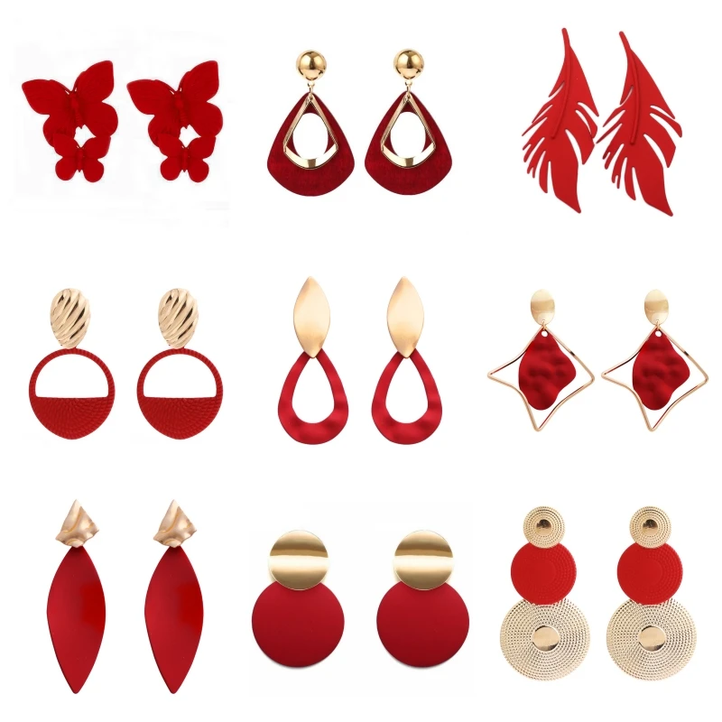 Rot Farbe Frauen Baumeln Ohrringe Geometrische Anhänger Gold Farbe Metall Haken Ohrringe Lange Hängen Ohrringe pendientes mode schmuck