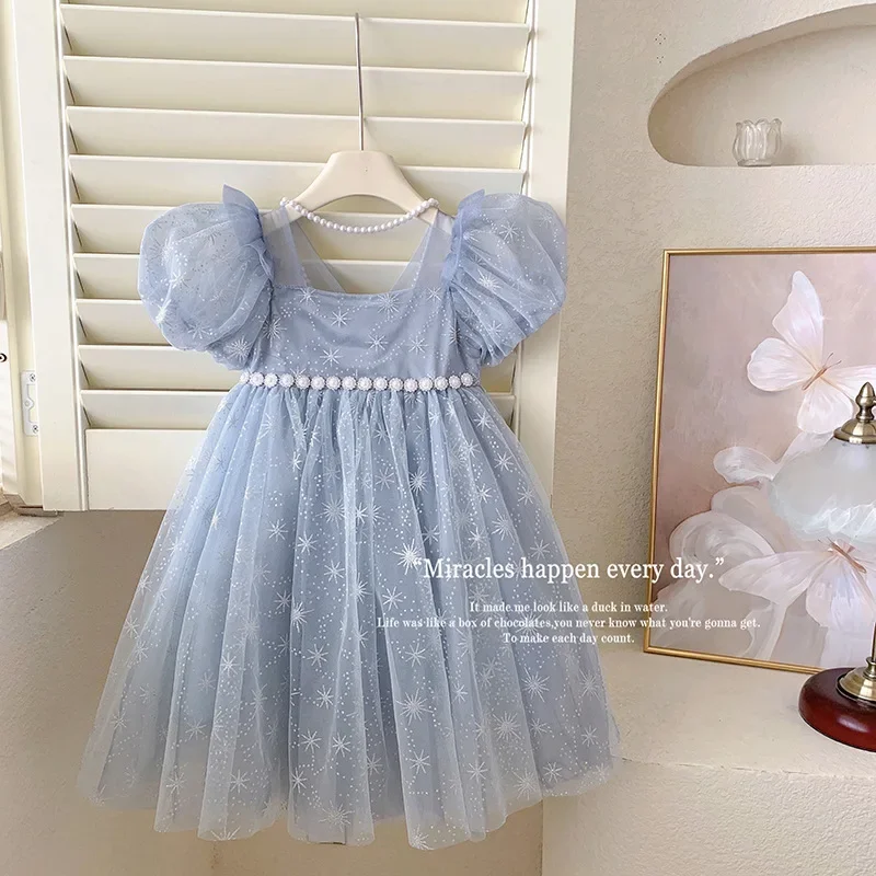 Girls Casual Dresses Summer Dress for Girls Children's Ethereal Puff-Sleeve Tulle Princess Dress Kids Clothes - 2