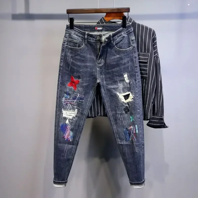 thumbnail image 1 of Pantalones vaqueros para hombre, pantalones vaqueros con gráficos para hombre, pantalones de tiro bajo, ajustados, ajustados, rotos, con agujeros, rasgados, de alta calidad, tallas XS, 1 of 5