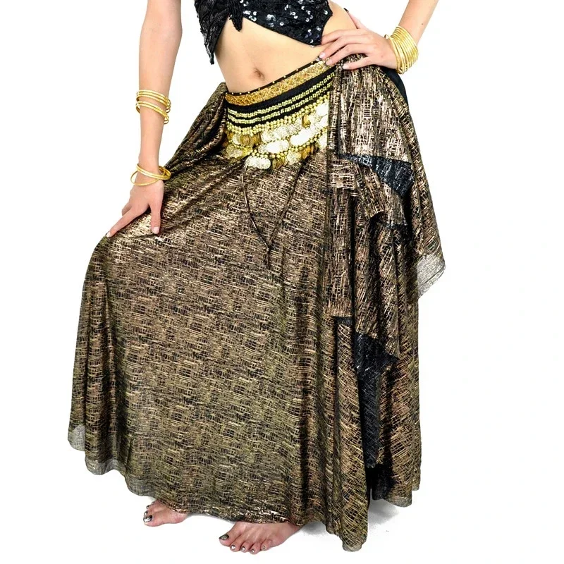 

10 Colors Women Belly Dance Wear Long Maxi Skirts Bellydance Accessories Bronzing Fabric Skirts with Ruffles Tribal Bellydance