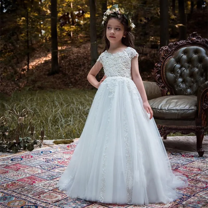 White Flower Girl Dresses Lace Applique Kids Bridesmaid Dresses For