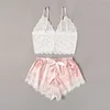 Ensemble pyjama en satin pour femmes, haut en dentelle et short, lingerie sexy, vêtements de nuit 2 pièces, vêtements de nuit respirants d'été, noir et rose