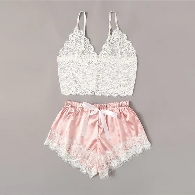 Ensemble pyjama en satin pour femmes, haut en dentelle et short, lingerie sexy, vêtements de nuit 2 pièces, vêtements de nuit respirants d'été, noir et rose