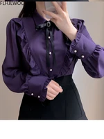 2025 Woman Cute Sweet Girls Thin Semi Transparent Ribbon Bow Tie Retro Vintalge Top Blusas Purple Green White Button Shirts - Image 6