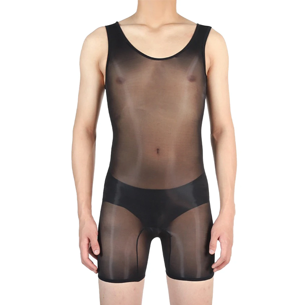 Men's Oil Shiny Seamless Bodysuit Sissy Temptation Lingerie Thin See Through Underwear Sheer Sleeveless High Stretch Jumpsuit
