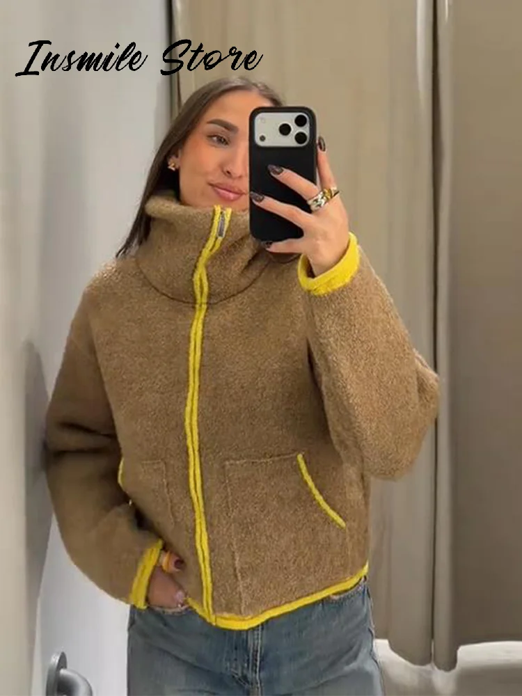 معاطف صوف متباينة على الموضة للنساء بياقة واقفة وج...