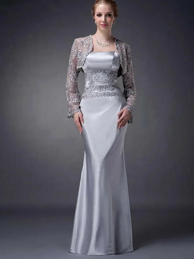 Elegante vestido sereia prateado com jaqueta curta de renda, mãe da noiva, tamanho grande, casamento, verão