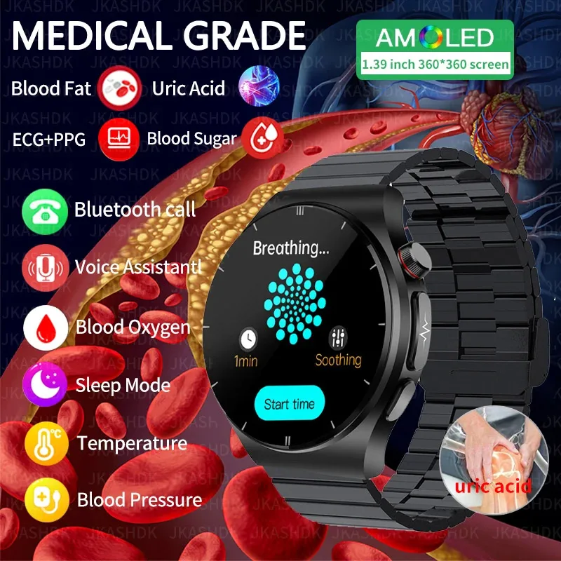 Ecg + Ppg Non Invasivo Blood Sugar Smart Watch Health Blood Lipid Monitor Dell'Acido Urico Orologio Smart Bluetooth Call Smartwatch 2024 Nuovo