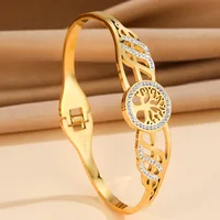 316L Stainless Steel Hollow Celtic Knot Tree of Life Cuff Bracelet Micro Embedded Zircon Spring Bangle for Women Vintage Jewelry 1