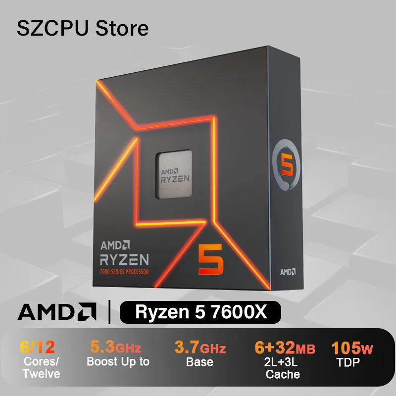 AMD Ryzen 5 7600X חדש R5 7600X 4.7 ג'יגההרץ 6 ליבות 12 תהליכים מעבד 5NM L3=32M 100- 000000593   שקע AM5 מאוטם ללא מקרר