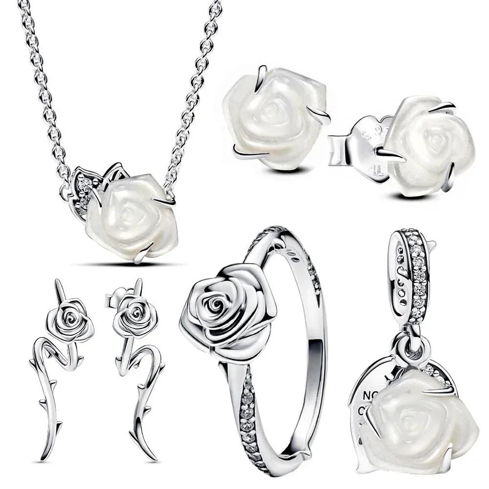 925 Sterling Silver White Rose in Bloom Collection Fit Original design Charm Necklace Ring Stud Earrings For Women Jewelry Gift