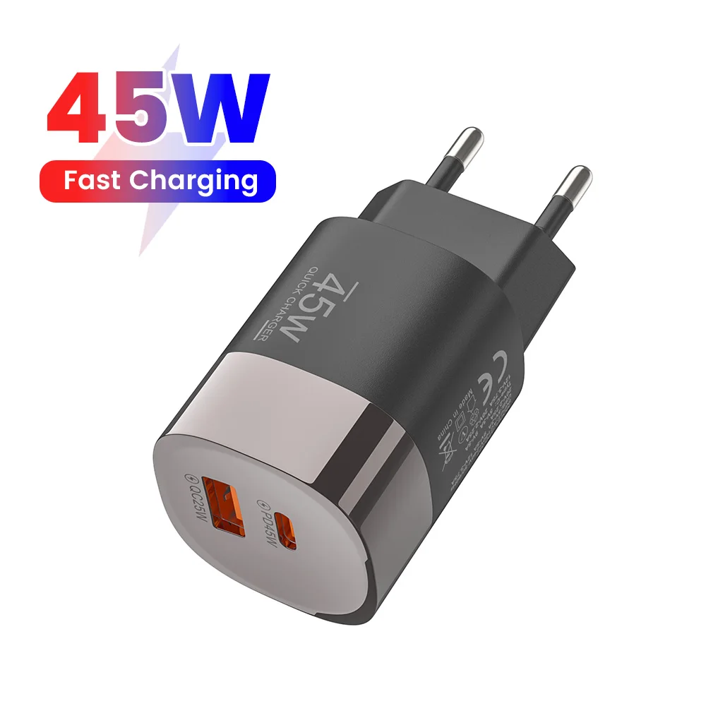 PD45W USB Type C Phone Fast Charger QC3.0 Super Fast Charging EU/UK/US Plug Adapter For IPhone15/16/17 Samsung Huawei Xiaomi