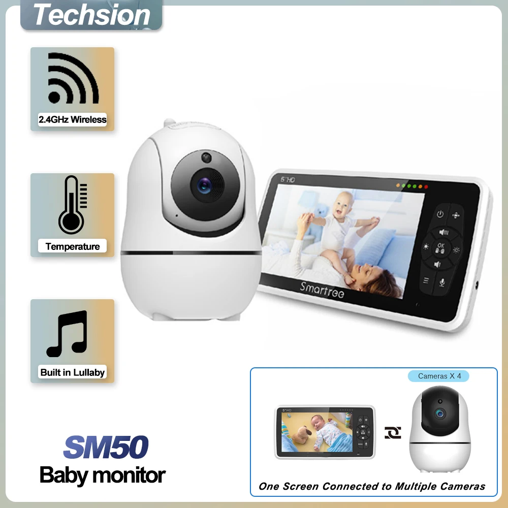 Video baby monitor 5 Inch with camera and audio built-in battery 4X zoom 1000ft range 2-way audio temperature sensor lullaby