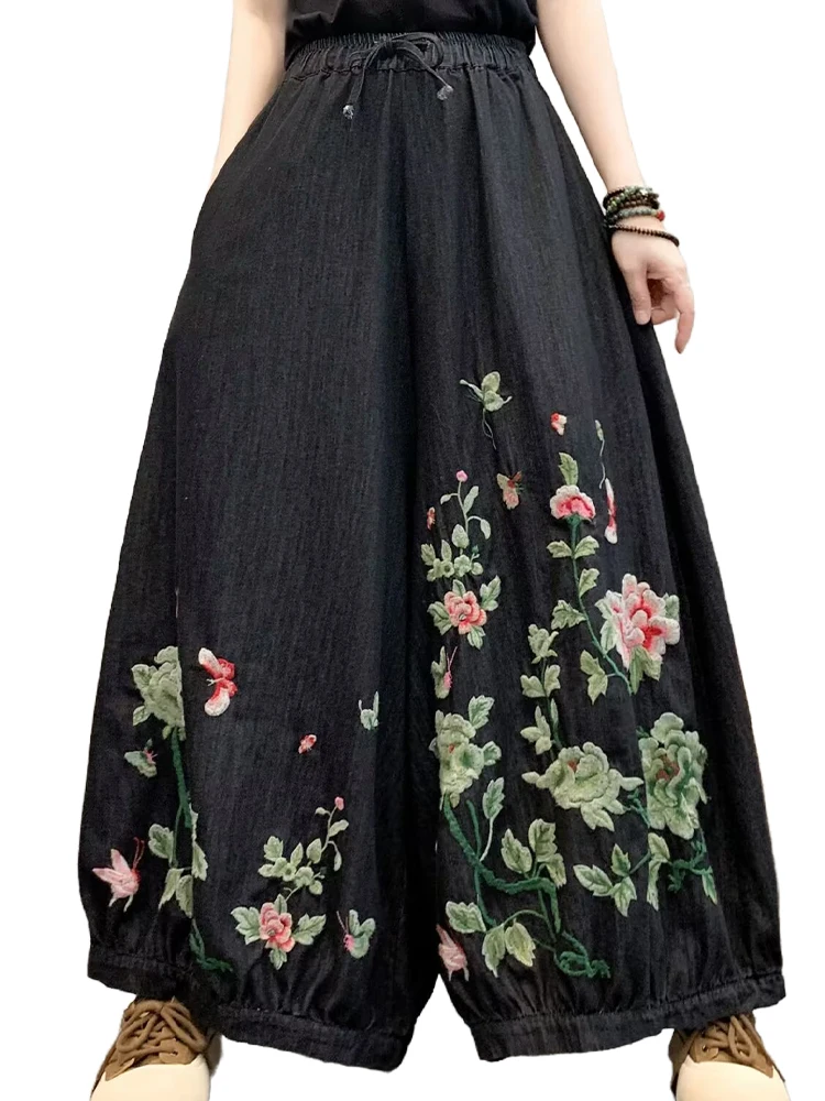 813563-103f86.jpg Amax luluE Summer Women Fashion Floral Jeans Oversized Denim Trousers Ladies Loose Casual Vintage Embroidery Wide Leg Pantalons - Image 1