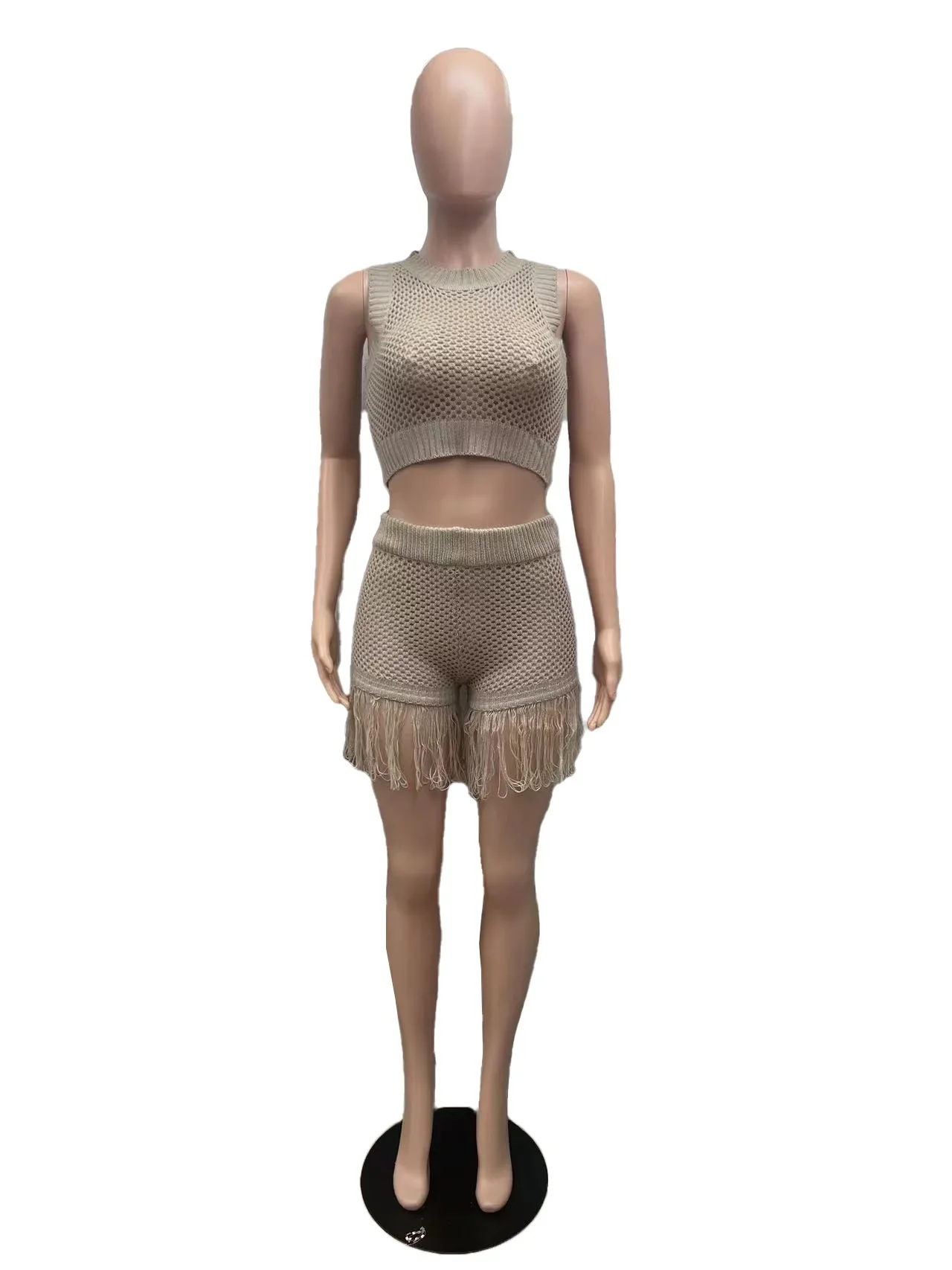 Knit Ribbed Crochet Women's Set O-neck Vest and Tassel Shorts Sets 2024 Summer Street Two 2 Piece Sets Outfits Tracksuit